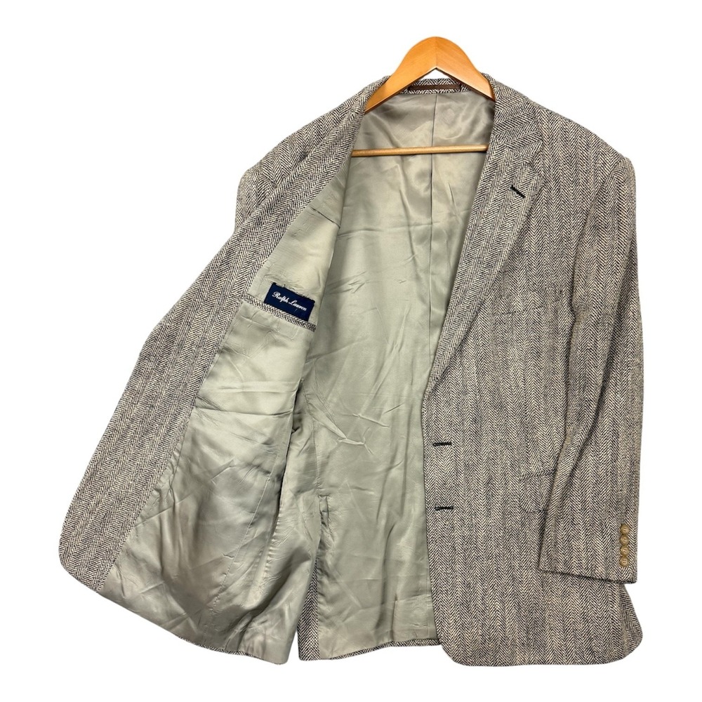Ralph Lauren Blazer Mens 44L Beige Herringbone Wool Silk Tweed Sport Coat